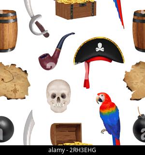 Pirate pattern. Corsair items old map skull and bones parrot pirate treasures decent vector seamless template Stock Vector