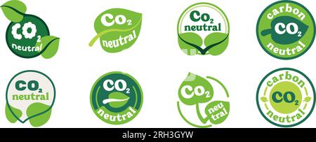 co2 neutral green logo set with leaves. Eco friendly sigh, carbon decrease, package ison concept. Stock vector illustartion in flat style. Stock Vector