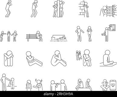 Hurt Feelings Icons Set. Mental Health, Harassment, Disappointment. Editable Stroke. Simple Icons Vector Collection Stock Vector