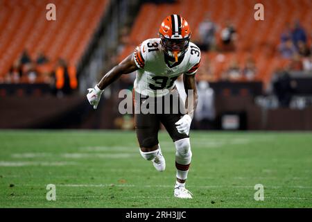 Cleveland Browns wide receiver Jaylen Wayne (31) runs up the field during  an NFL pre-season football game against the Washington Commanders, Friday,  Aug. 11, 2023, in Cleveland. (AP Photo/Kirk Irwin Stock Photo 