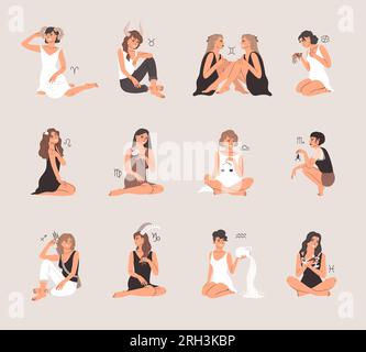 Zodiac collection with beautiful woman characters in female astrology concept, astrological signs symbols with girls in vector graphic illustrations. Character woman with astrology design horoscope Stock Vector