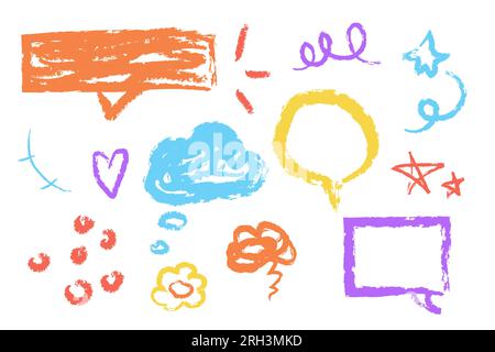 Set wax crayon, chalk doodle elements speech bubbles, lines, stars, marks hand drawn isolated on white background. Textured brush stroke,. Vector illustration Stock Vector