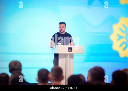 Kyiv, Ukraine. 11 August, 2023. Ukrainian President Volodymyr Zelenskyy delivers remarks to the Ukrainian Youth Forum gathering on the occasion of International Youth Day, August 11, 2023 in Kyiv, Ukraine.  Credit: Pool Photo/Ukrainian Presidential Press Office/Alamy Live News Stock Photo