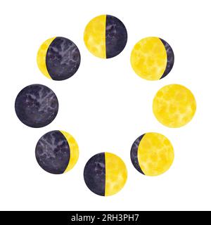 Yellow moon phases round. Galaxy cycle from new to full moon. With beautiful texture. Hand draw watercolor illustration isolated on white background. Stock Photo