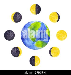 Earth planet and yellow moon phases around. Galaxy cycle from new to full moon. Hand draw watercolor illustration isolated on white background. Stock Photo