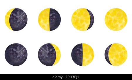 Yellow moon phases. Galaxy cycle from new to full moon. With beautiful texture. Hand draw watercolor illustration isolated on white background. Stock Photo