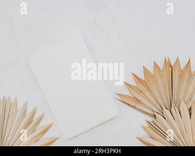 Close up of dried fan shaped tropical palm tree leaves and white vintage notepad cover on white background. Top view. Copy space Stock Photo