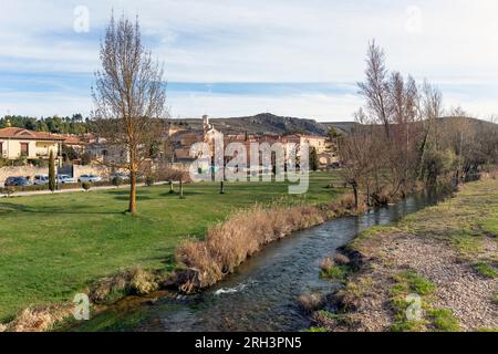 Europe, Spain, Castile and Leon, Burgo de Osma, Views of the Ucero River from the Puente de La Matilla o Puente Viejo Bridge Stock Photo