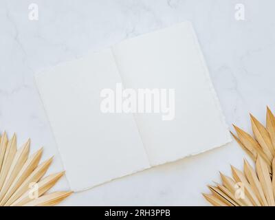 Close up of dried fan shaped tropical palm tree leaves and open white vintage notepad on white background. Top view. Copy space Stock Photo