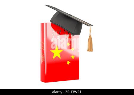 Chinese language textbook with graduation cap. Learn Chinese language, classes. 3D rendering isolated on white background Stock Photo