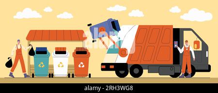 Garbage transportation. Shipment waste in truck. Workers in overalls. Professional scavengers. Trash containers for sorting and recycling. Litter Stock Vector
