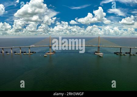 Sunshine Skyway Bridge over Tampa Bay in Florida with moving traffic. Concept of transportation infrastructure Stock Photo