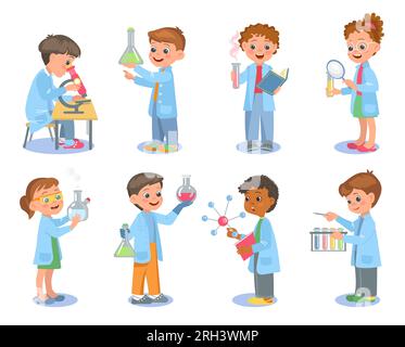 Little scientists. Kids in lab coats hold test tubes. Chemical flasks and beakers. Young chemists or biologists. Physicists scientific experiments Stock Vector
