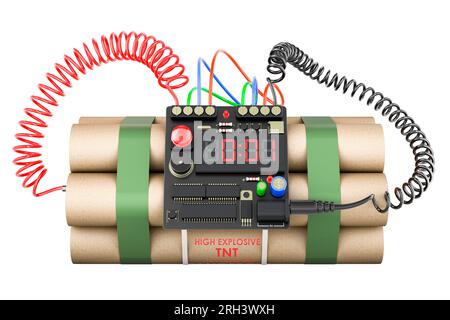 TNT bomb explosive with digital countdown timer. 3D rendering isolated on white background Stock Photo