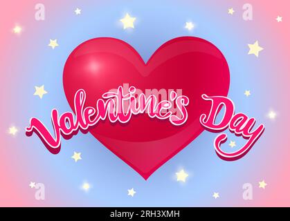 Vector heart and hand drawing lettering on pink abstract background with stars. Cute heart in kawaii style for Valentine's day. Stock Vector