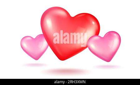 Vector icon of three pink hearts for Valentine's Day in realistic 3d style. Vector realistic banner with heart on white background. Stock Vector