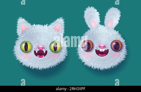 Vector illustration of a cute cat and a rabbit for new year in realistic style. Vector icons of kawaii rabbit and cat heads for 2023 year. Bunny and k Stock Vector