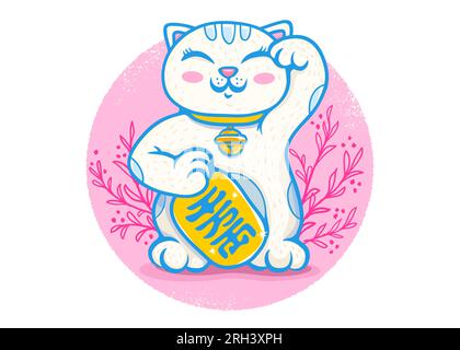 Vector retro poster with lucky cat. Neko on pink backround with plants. Vector kawaii lucky cat Stock Vector