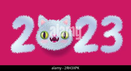 Vector emblem for new year of 2023 with head of a cute cat in realistic style. Vector icon of kawaii cat for 2023 year. Kitty emoji for Chinese new ye Stock Vector