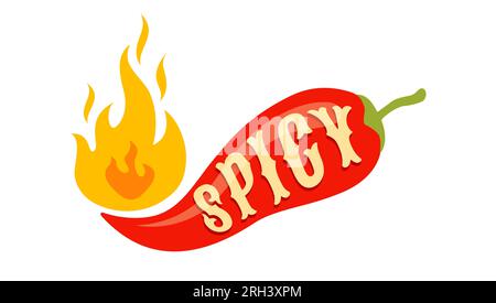 Vector illustration of a spicy chili pepper with flame. Cartoon red chili in fire for Mexican or Thai food. Stock Vector