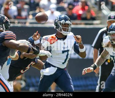 August 12, 2023 - Tennessee Titans quarterback Malik Willis (7) runs in a  touchdown during NFL preseason football game between the Chicago Bears vs  the Tennessee Titans in Chicago, IL (Credit Image: