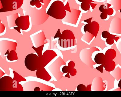 Seamless pattern with card suits: diamonds, hearts, clubs, spades in 3d style. Isometric symbols of card suits in red gradient. Design of printing, ad Stock Vector