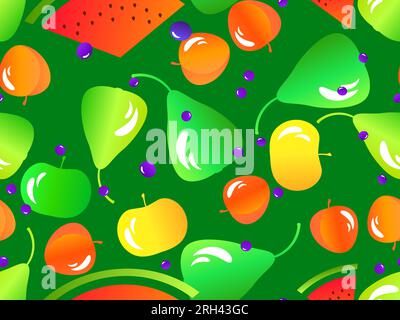 Seamless pattern with pears, apples, blueberries, peaches and watermelons. Summer fruit and berry mix, fruits and berries in 3d style with a gradient. Stock Vector