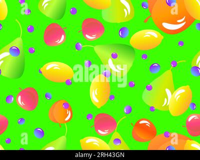 Seamless pattern with lemons, peach, pear and blueberries. Summer exotic fruit mix with gradient colors in 3d style. Design for banners, posters and p Stock Vector