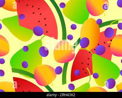 Seamless pattern with peach, pear, watermelon, blueberry and lemon. Summer fruit and berry mix, fruits and berries in 3d style with a gradient. Design Stock Vector