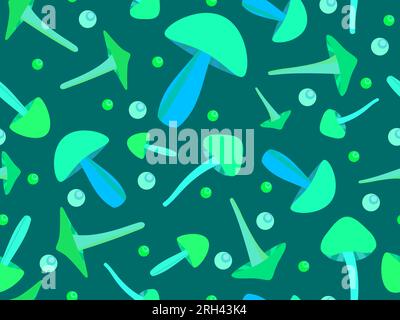 Seamless pattern with green bioluminescent mushrooms. Hallucinogen and psychedelic mushrooms. Fluorescent luminous mushrooms on a long stem. Design fo Stock Vector
