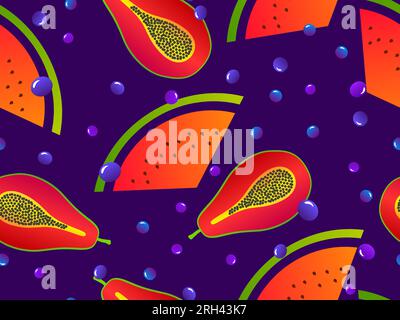 Seamless pattern with watermelon, papaya and blueberries. Summer exotic fruit mix with gradient colors in 3d style. Design for banners, posters and pr Stock Vector