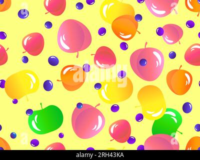 Seamless pattern with apples, peaches and blueberries. Summer fruit and berry mix, fruits and berries in 3d style with a gradient. Design for wallpape Stock Vector