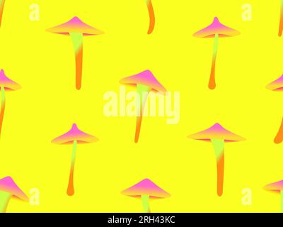 Seamless pattern with gradient mushrooms on a yellow background. Green pink mushrooms, fluorescent luminous mushrooms on a long stem. Design for banne Stock Vector