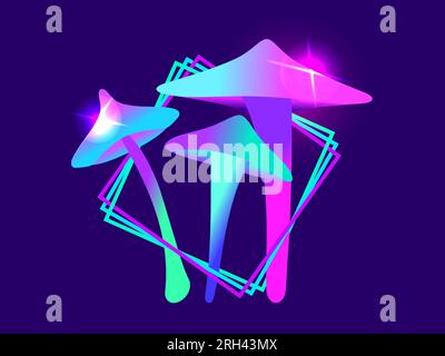 Magic mushrooms in a square frame. Fairy mushrooms with a bright glow. Fabulous fluorescent glowing mushrooms. Bioluminescent fungus. Design for poste Stock Vector