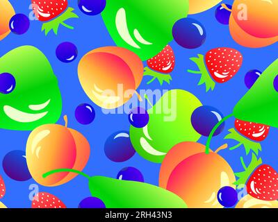 Seamless pattern with pears, apples, blueberries and peaches. Summer fruit and berry mix, fruits and berries in 3d style with a gradient. Design of wa Stock Vector