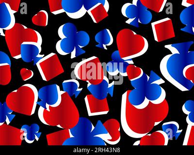 Seamless pattern with card suits: diamonds, hearts, clubs, spades in 3d style. Isometric symbols of card suits, blue and red gradient. Design of print Stock Vector