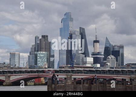 London, UK. 13th Aug, 2023. General view of the City of London skyline on a partly cloudy day. Credit: SOPA Images Limited/Alamy Live News Stock Photo