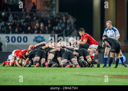 Rhys Webb of Wales places the ball into a scrum during the International test match between the New Zealand and Wales at Eden Park in Auckland, New Zealand, Saturday, June 11, 2016. Stock Photo