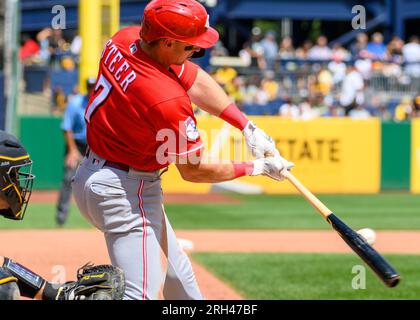 Pittsburgh, United States. 13th Aug, 2023. Cincinnati Reds first baseman Spencer Steer (7) singles in the sixth inning against the Pittsburgh Pirates at PNC Park on Sunday August 13, 2023 in Pittsburgh. Photo by Archie Carpenter/UPI Credit: UPI/Alamy Live News Stock Photo