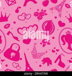 Vector Seamless Pattern With Pink Fashion Doll Doll Accessories