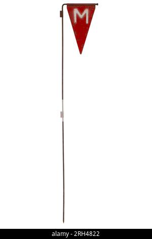 Soviet army minefield warning red sign - Danger Mines. White M on a red flag. Isolated on white backghround. Stock Photo