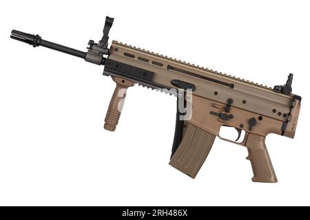 Modern army assault rifle with folded stock isolated on a white background Stock Photo