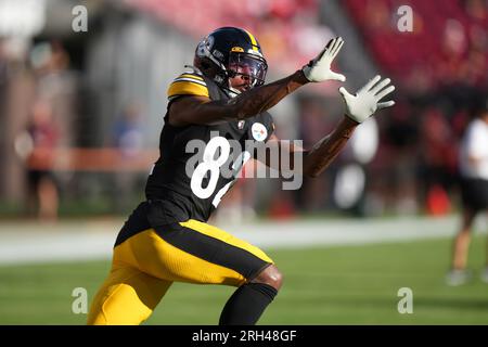 Pittsburgh Steelers wide receiver Dez Fitzpatrick (82) gets thrown to the  ground during a kick by Tampa Bay Buccaneers safety Ryan Neal (23) drawing  a flag during an NFL preseason football game