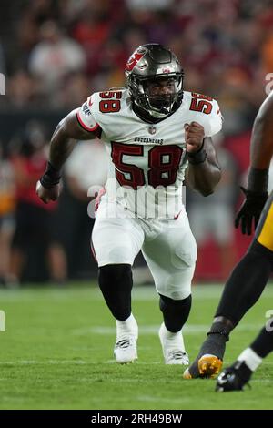 Tampa Bay Buccaneers linebacker Markees Watts (58) runs toward the ball  carrier during an NFL preseason football game against the Pittsburgh  Steelers, Friday, Aug. 11, 2023, in Tampa, Fla. (AP Photo/Peter Joneleit