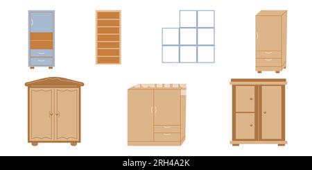 Storage furniture set in the living room. Cabinets and racks. Interior design concept. Vector flat illustration... Stock Vector