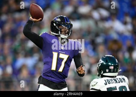 Baltimore Ravens quarterback Josh Johnson (17) in action during the first  half of an NFL preseason football game against the Philadelphia Eagles,  Saturday, Aug. 12, 2023, in Baltimore. (AP Photo/Nick Wass Stock