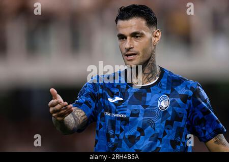 Gianluca Scamacca of Atalanta BC gestures during warm up prior to the  the friendly football match between Juventus FC and Atalanta BC. Stock Photo