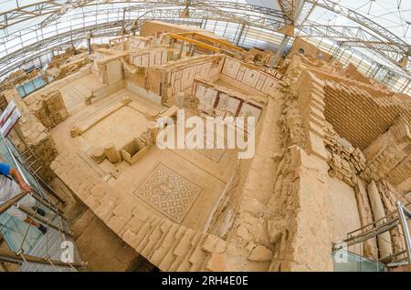 Ruins of the ancient Terrace Houses of Ephesus or Houses on the Slope, located in the Ephesus in Turkey in Central Aegean region. Stock Photo