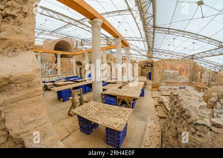 Ruins of the ancient Terrace Houses of Ephesus or Houses on the Slope, located in the Ephesus in Turkey in Central Aegean region. Stock Photo