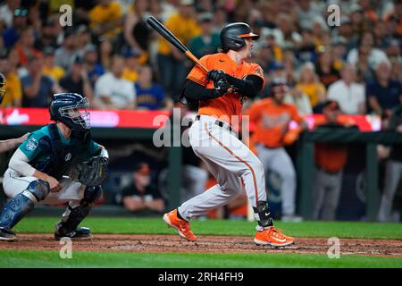 Baltimore Orioles' Adley Rutschman follows through on a swing against the  Toronto Blue Jays during the first inning of a baseball game, Tuesday, June  13, 2023, in Baltimore. (AP Photo/Julio Cortez Stock